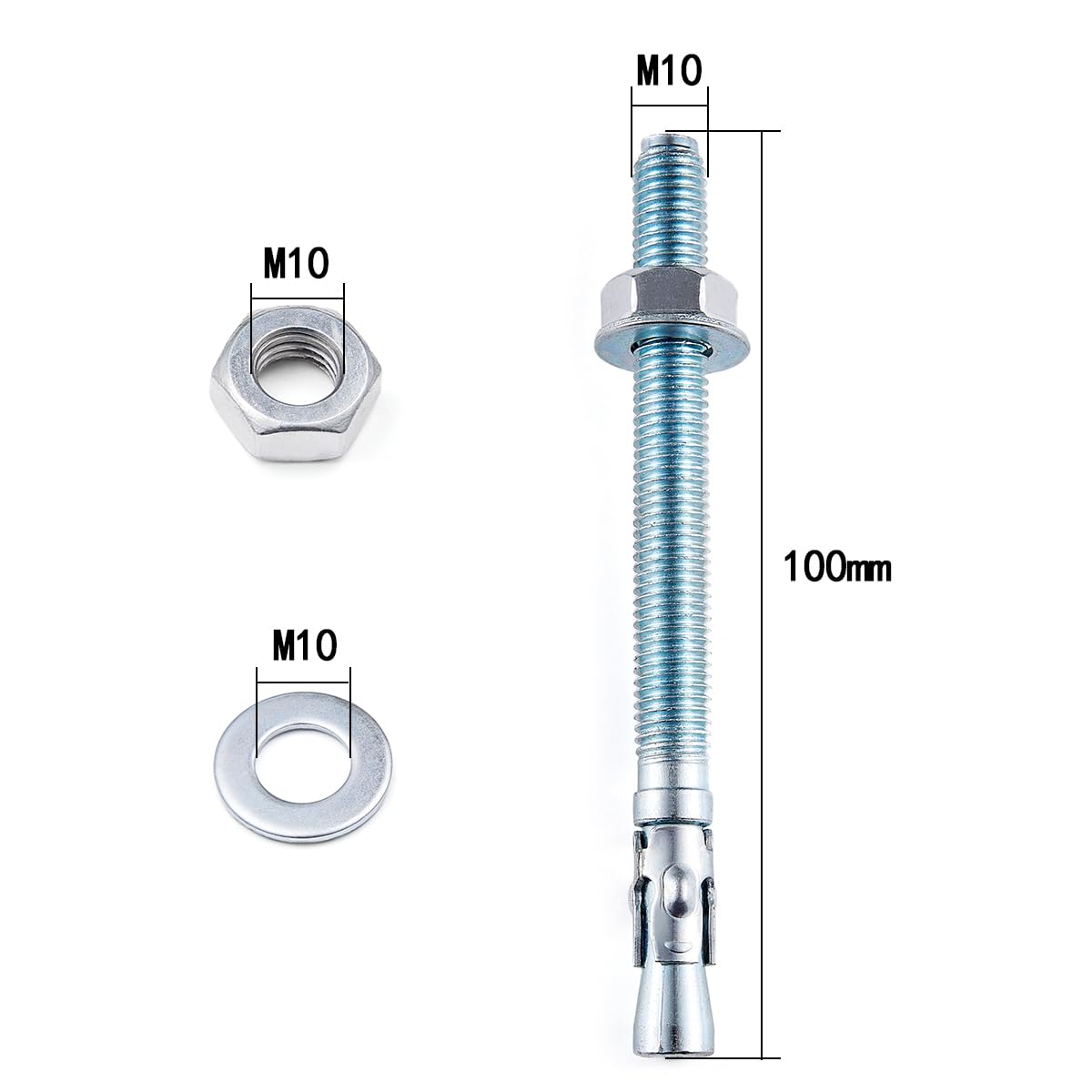 50 tasselli a cuneo M10 x 100 mm, zincati, resistenti viti e tasselli per calcestruzzo