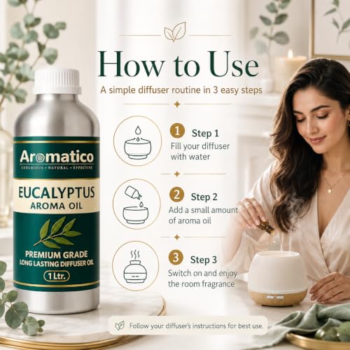 Image of AROMATICO Eucalyptus Diffuser Oil with Strong, Long-Lasting Aroma | Refresh Homes, Offices & Showrooms | Aromatherapy, Diffusers, Air Purifiers, Vaporizers - 1 L (1000 ml)