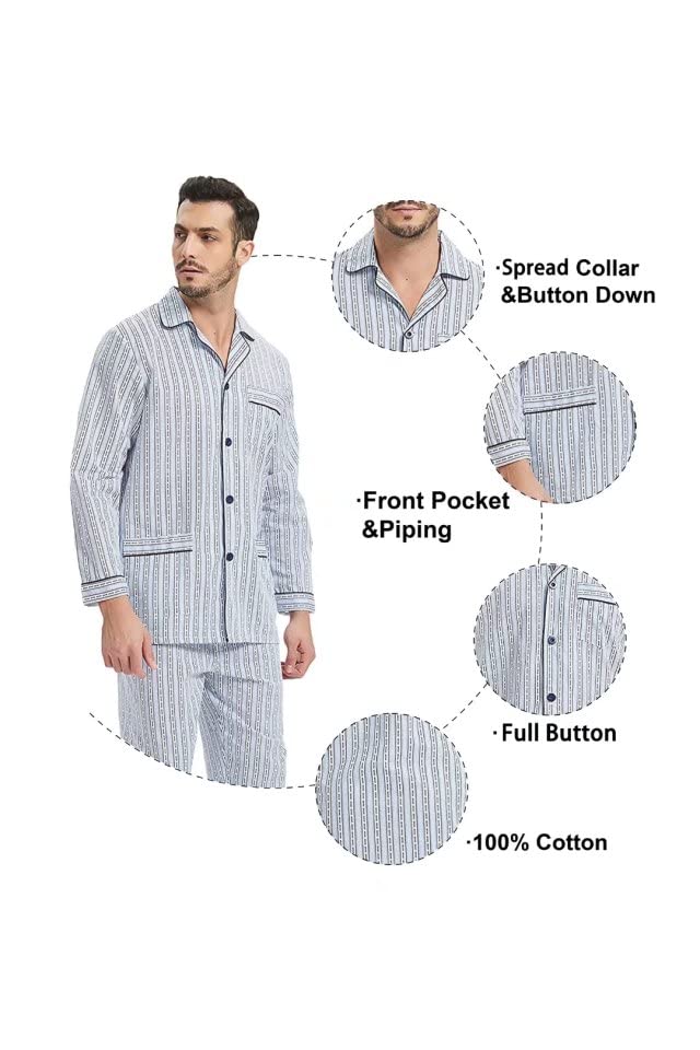 GLOBAL Men 100% Cotton Pajamas Set Button Down Pjs Long Sleeve Pajamas for Men Soft Comfy Sleepwear2