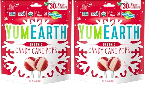 Image of YumEarth Organic Candy Cane Lollipops - Individually Wrapped Peppermint Pops - Dye Free,Allergy Friendly,Non GMO,Gluten Free,Vegan -,30 Count (Pack of 2)