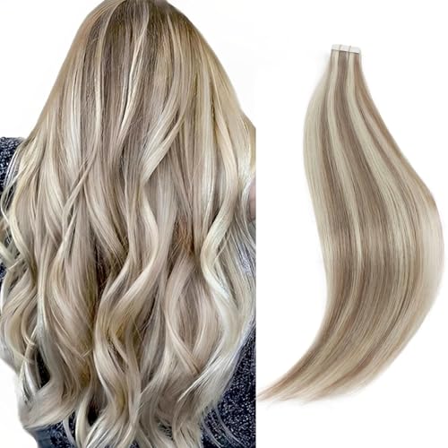 Image of Sixstarhair Invisible Tape In Hair Extensions Real Human Hair Blonde Highlights Gold Blonde With Ash Blonde Remy Tape Hair Extensions for Woman 20 Pieces 50g[Color #P20-60 22 inch]