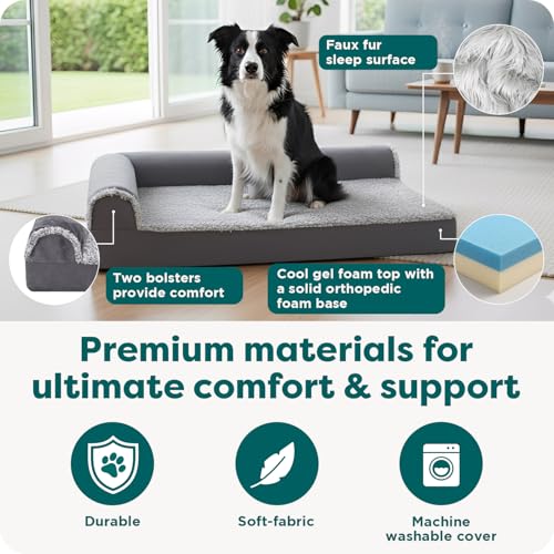 Image of FurHaven Cooling Gel Dog Bed for Medium & Large Dogs, L-Shaped Chaise with Cool Gel-Top Foam with a Solid Orthopedic Foam Base for Joint Support, Washable Cover, Large, Plush & Suede, Stone Gray