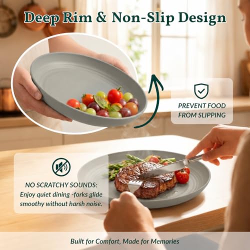 Image of Homienly Deep Dinner Plates Set of 8 Alternative for Plastic Plates Microwave and Dishwasher Safe Wheat Straw Plates for Kitchen, Camping Unbreakable Lightweight Round Plate Set (Grey, 9 inch)