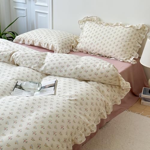 Image of BuLuTu 100% Cotton Muslin Duvet Cover Twin for Kids Girls Boys, Shabby Chic Azalea Floral Duvet Covers Vintage Farmhouse Comforter /Quilt Cover with Ruffles, 68 inchx86 inch, Zipper Closure, No Pillow