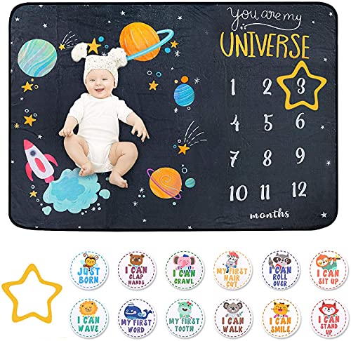 Image of Baby Milestone Blanket - Cute Space Design Monthly Milestone Blanket for Baby Boy and Girl, Soft and Thick Flannel Material Wrapped with Milestone Stickers