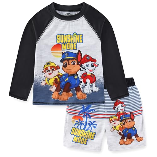 Paw Patrol Nickelodeon Chase Marshall Rubble Boys UPF 50+ Rash Guard and Swim Trunks Swimsuit Set for Toddler and Big Kids Black/Grey