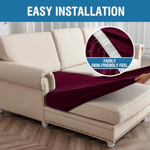 Image of Couch Cover 4-Piece Elastic Velvet Couch Cushion Covers & Chaise Slipcovers for L-Shaped Sofas, Sofa Seat Covers Washable, Soft Cover for Couches (3 Seater + Chaise, Wine)