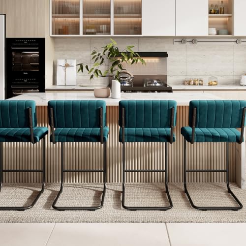 Image of ONEVOG 24 Inch Teal Counter Bar Stools Set of 4, Mid-Century Modern Counter Height Cantilever Bar Chairs for Kitchen Island, Upholstered Velvet Fabric Barstools with Back & Matte Black Metal Leg, Teal