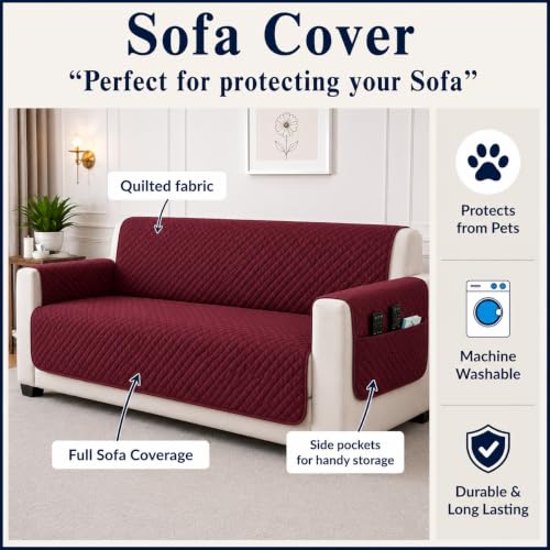 Image of STITCHNEST 'Airsoft Range Series' Solid Quilted Velvet Sofa Cover for 3 Seater | Premium Soft Velvet Sofa Protector | Maroon Diamond Quilted Design with Armrest Pockets | Furniture Cover