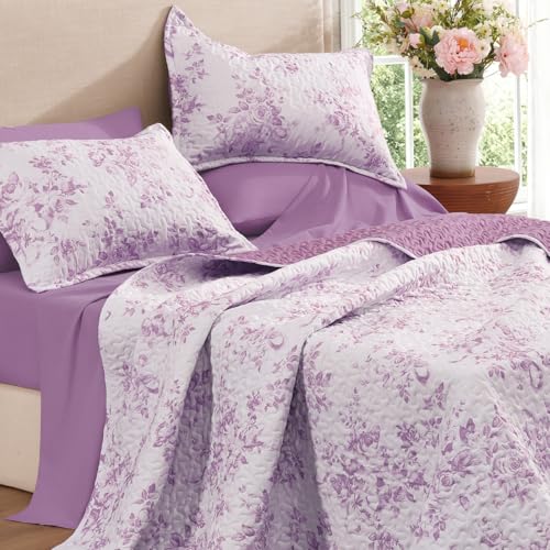 Image of Andency Quilt Twin Size, Purple Flower Bedspread Twin Size, 3 Pieces Soft Bedding Set for Women Teen Girls, Lightweight Coverlet Set for All Season with 2 Pillowcases (68 inchx86 inch)