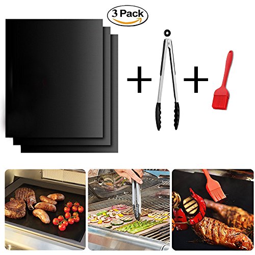 Parrillas de Barbacoa Sinokal Juego de 3 Antiadherente Lavable Reutilizable Barbacoa de Horno de Hornear Esteras con el Cepillo para Pastelería y las Pinzas del Silicón Accesorios
