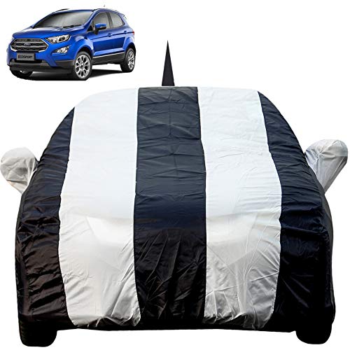 Image of Autofact Car Body Cover for Ford Ecosport with Mirror and Antenna Pocket (Light Weight, Triple Stitched, Heavy Buckle, Bottom Fully Elastic, White Stripes with Navy Blue Color)