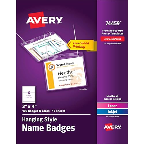 Image of Avery Customizable Name Badges, 3 inch x 4 inch, Laser /Inkjet Printable Inserts, 100 Name Tag Holders with Cords (74459)
