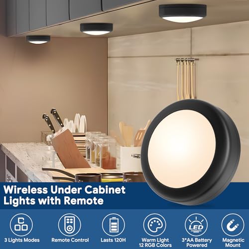 Image of Yiliaw LED Puck Lights with Remote Control, AA Battery Operated, 12 Color Closet Under Cabinet Lighting, Push Tap Light, Under Counter for Kitchen, 3 Pack, Black-Magnetic