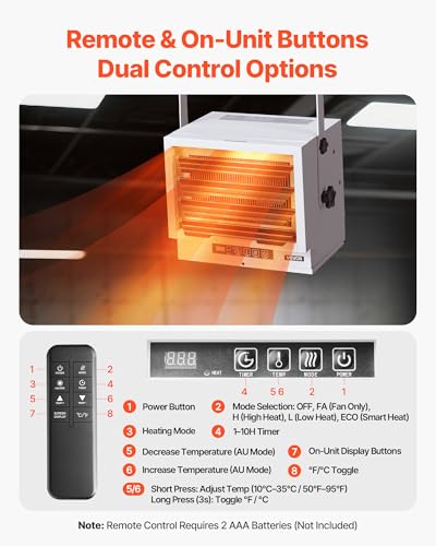 Image of VEVOR Electric Garage Heater, 10000-Watt with Remote Control & 10 Hour Timer & Overheat Protection Wall /Ceiling Mounted Shop Heater, Commercial Fan-forced for Indoor Workshop Warehouse,240V White