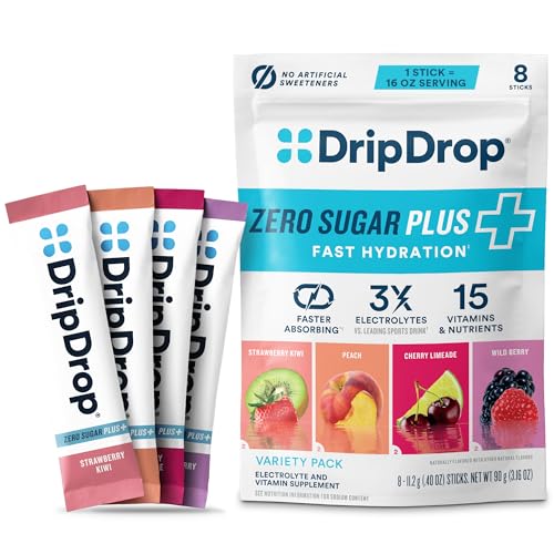 Image of DripDrop Hydration Zero Sugar Plus Electrolyte Packets, Variety Pack, 8 Ct | Strawberry Kiwi, Peach, Cherry Limeade, Wild Berry; Sugar Free Powder Drink Mix; No Artificial Sweeteners; Low Calorie