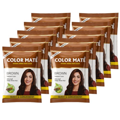 Image of Color Mate Natural Henna Hair Color Powder Brown | No Ammonia Hair Colour | Long Lasting Natural Color | Soft, Smooth & Shiny Hair | 8 Minute Application | 10g | Pack of 10