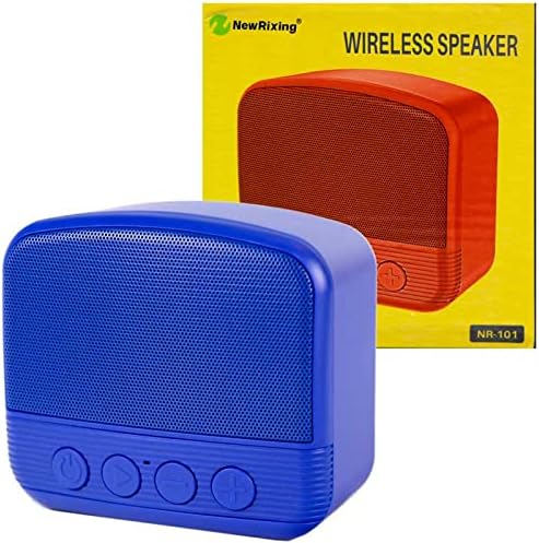 Blue NewRixing NR-101 wireless speaker next to its yellow product box.