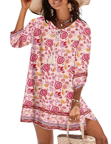 Image of Zeagoo Womens Boho Dresses Casual Beach Summer Dress Tassel Tie Neck 3 /4 Long Sleeve Mini Sundress 2026 Floral Print Cover Up