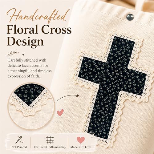 Image of Christian Tote Bag Gift for Women, Canvas Bible Bag Handmade Floral Cross | Christian faith-inspired gift, handcrafted cross with lace, inner pocket, snap closure, bottom gusset, church Bible study use