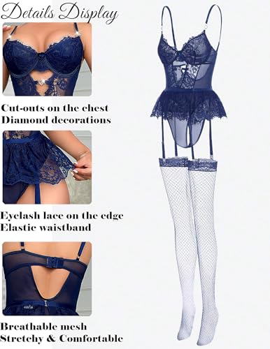 Image of Alrovetoney Women Lingerie Set Naughty Lace Bodysuit High Waisted Underwire Lingerie Babydoll With Garter Belt and Stockings