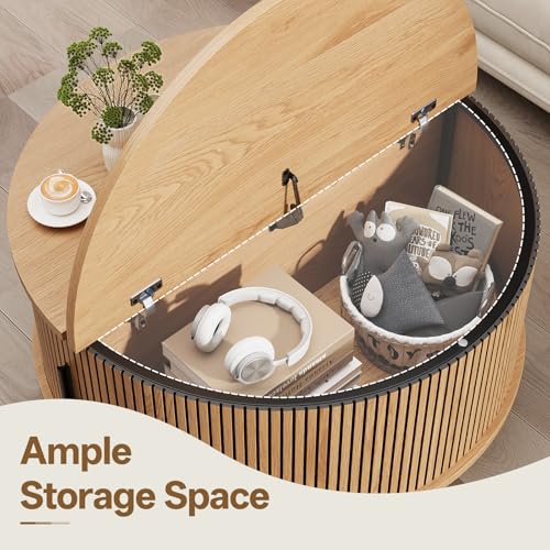 Image of Round Coffee Table with Storage, Mid Century Modern Coffee Table, Fluted Dining Table with Sliding Door, Circle Coffee Table for Living Room Home Office, 31.5 inch, Oak