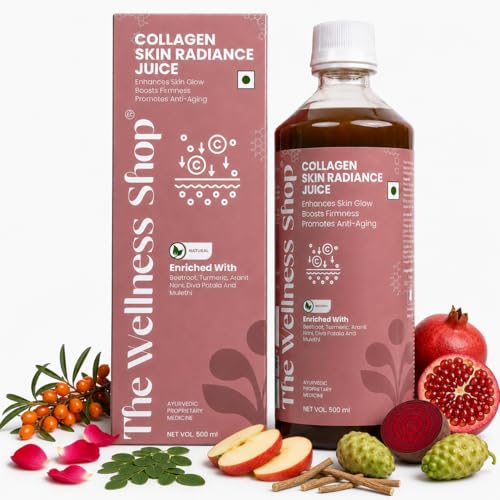 Image of The Wellness Shop Collagen Skin Radiance Juice 500ml | Natural Ayurvedic Supplement for Skin Glow and Healthy Hair | Sea Buckthorn Moringa Herbal Drink | Daily Beauty Wellness Juice for Men Women