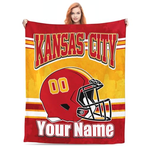Flannel Blanket Custom Football City Blanket for Men Women Personalized Name & Number Throw Blanket Fans Gifts for Bed 60 x 50