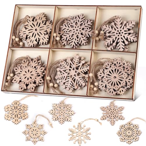 SWAWIS 30 Stück Weihnachtsschmuck Holz Schneeflocken 8x8cm 6 Designs (5 STK) Weihnachtsbaumschmuck Christbaumschmuck mit Jute Schnur Holzschmuck Weihnachtsbaum Schmuck Weihnachtsbaum Anhänger Holz