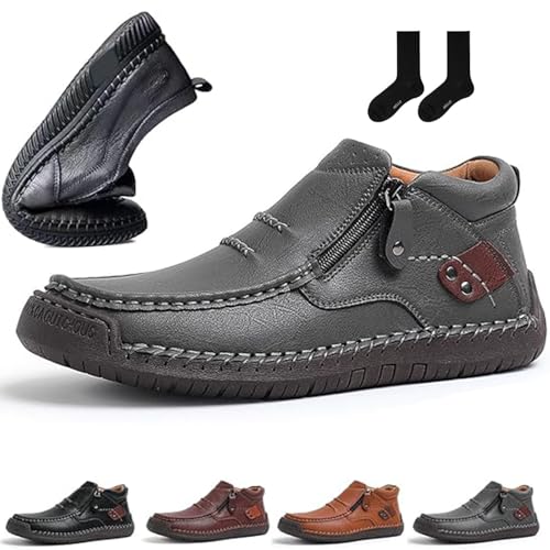 ZHCBAUA Handgefertigte Premium-Leder-Slip-On-Fahrstiefel, für Herren, Outdoor, leicht, knöchelhoch, flach, atmungsaktiv, rutschfest, Business-Wanderschuhe, grau, 44 EU