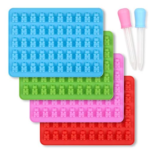 homEdge Silicone Gummy Bear Candy Molds, Set of 4 Packs Non Stick Food Grade Chocolate Gummy Mold Bonus with 2 Dropper-Blue, Red, Green and Pink