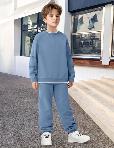 KANGKANG Boys Clothes 2 Piece Crew Neck Long Sleeve Warm Thin Fleece Sweatshirt Top and Sweatpants Winter Fall Outfits 6-14Y3