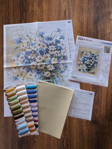 Image of RIOLIS - Daisies and Cornflowers 2249, Floral Cross Stitch Kits 9 inchx11, Cross Stitch Kits for Beginners & Advanced, Crossstitching Kits Adult, Counted Stitching Kits, Embroidery Kit