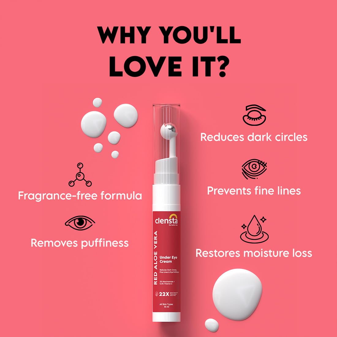 Clensta Red Aloe Vera Under Eye Cream With Niacinamide & Vitamin E | Reduces Dark Circles, Fine Lines & Eye Puffiness | For Men & Women - 15ml (Pack of 2) 1