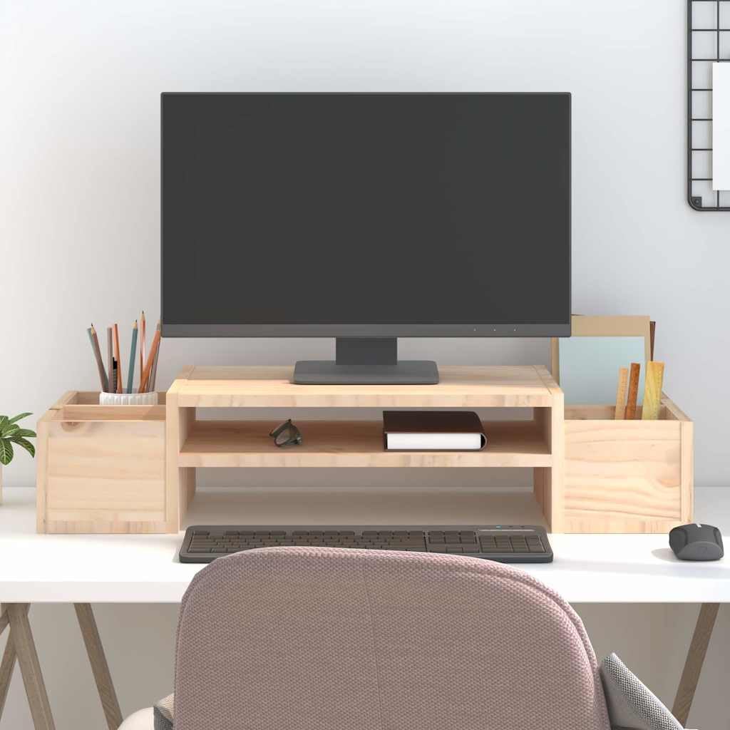Supporto per monitor in legno di pino massiccio, supporto ergonomico da scrivania con 4 ripiani, 70 x 27,5 x 15 cm