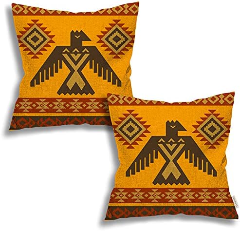 Aztec Eagles Ethnic Geometric Tribal Pattern Throw Pillow Native Navajo American Style Pillow Cover Set of 2 Linen Decorative Pillow Covers 18" X 18" for Home Sofa Couch