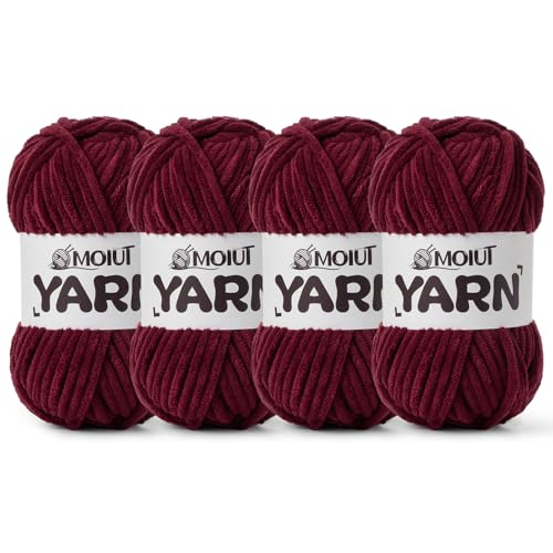 Image of 4 Packs Fluffy Chenille Yarn for Crocheting, Chunky Velvet Yarns for Crochet Amigurumi, Baby Yarn for Crocheting Soft Blanket, 349.9yds /14.1 oz Bulky Yarns for Crafts /Hats /Shoes /Socks (4 Burgundy)
