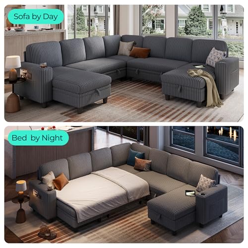 Image of LINSY HOME Sectional Sleeper Sofa Pull Out Couches for Living Room (Grey, Sleeper Sofa 5) | Pull Out Sofa Bed, Storage, USB Charging, Cup Holders, Plush Corduroy