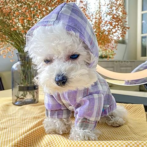 New Plaid Blouse Shirt Pet Clothes Dog Hoodies Breathable Sunshade Smock Frock Linen Cotton Hoodie (Purple,L) Cover