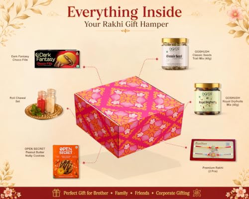 Image of Goshudh 6 Item Rakhi Gift Hamper for Brother & Sister | Classic Seed Trail Mix, Royal Dry Fruit Mix, Open Secret Peanut Butter Cookies, Dark Fantasy, Set of 2 Designer Rakhi with Roli Chawal | Raksha Bandhan Gift Box