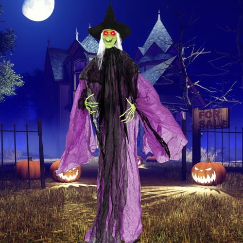 COSTWAY Halloween animierte Hexe, 190cm Hexenfigur stehend | Halloweendeko soundaktiviert mit leuchtenden Augen & gruseligem Sound, Halloweenhexe lebensgroß für Spukhaus, Garten