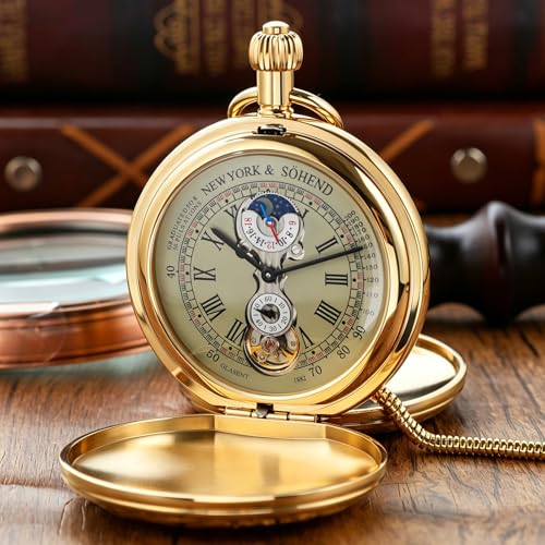 Image of Men's Mechanical Pocket Watch with Chain, Vintage Full Copper Hand-Wind Second&24hours Sub-dials Pocket Watches for Men with Box