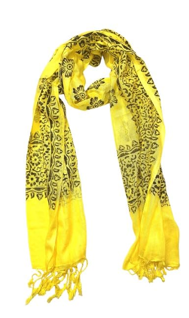 Image of Women's Dupatta | Yellow with Dark Floral Block Print | Lightweight Scarf with Tassel Fringe