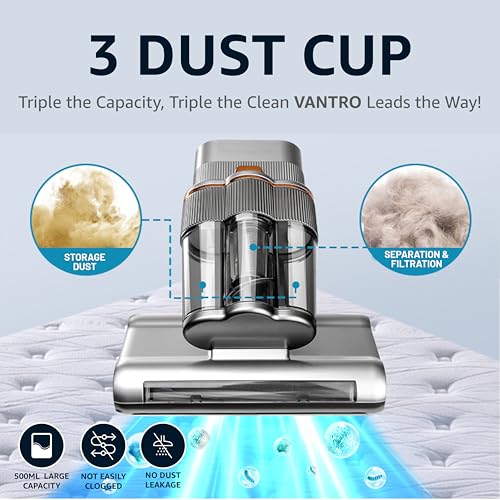 Image of VANTRO Dust Mite Remover Mattress Vacuum Cleaner | 700W | UV-C Light | 16KPa Suction| 60C Hot Air & Ultrasonic | Handheld Corded Bed Vacuum for Dust & Allergen Removal, Black