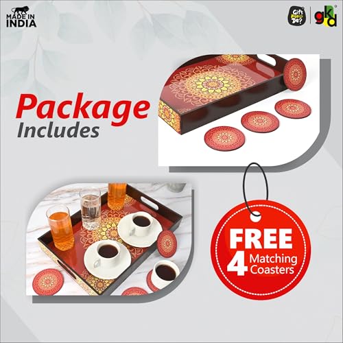 Image of GKD Serving Tray Set for Serving | Premium MDF Tea Coffee | Red Mandala Art