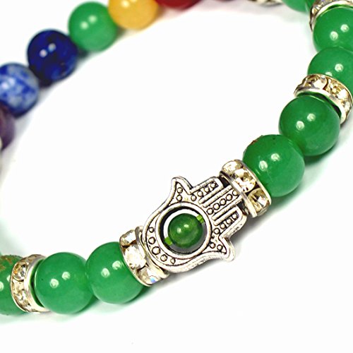 Image of Reiki Crystal Products Certified Natural Crystal Stone 7 Chakra with Hamsa 8 mm Round Beads Bracelet for Men & Women | Reiki Charged Gemstone Bracelet | Multiple Stone Variants Available