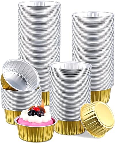 150 Pcs Aluminum Foil Cups 5 oz Mini Baking Cups Gold Cupcake Liners Disposable Ramekins Round Foil Muffin Pans for Pie Souffle Pudding Holder Wedding Birthday Party
