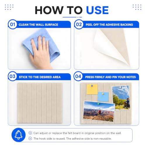 Image of Amzon Basics 6-Piece Felt Bulletin Board, 30 x 30 cm Self-Adhesive Wall Panels with 50 Push Pins, Felt Notice Board for Notes, Photos, Reminders and Schedules - Beige