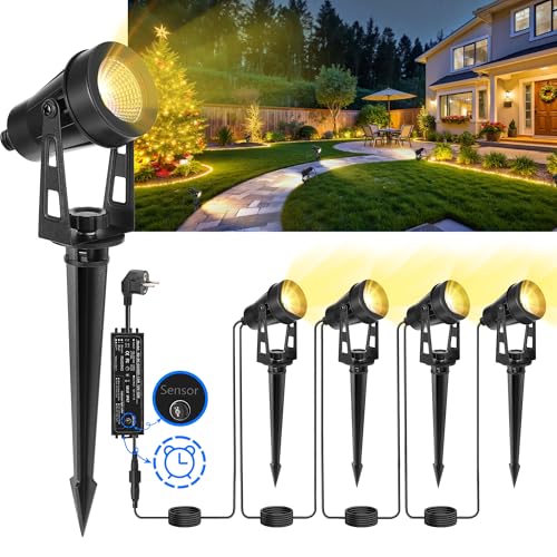 LAMPELIP Gartenbeleuchtung Mit Strom, 4er Pack/14M Gartenstrahler Led Außen Wasserdicht mit Zeitschaltuhr und Lichtsensor Funktion, 3000K Weiß 12V IP65 Strahler Außen für Gartenweg, Terrasse, Bäume LAMPELIP Gartenbeleuchtung Mit Strom, 4er Pack/14M Gartenstrahler Led Außen Wasserdicht mit Zeitschaltuhr und Lichtsensor Funktion, 3000K Weiß 12V IP65 Strahler Außen für Gartenweg, Terrasse, Bäume
