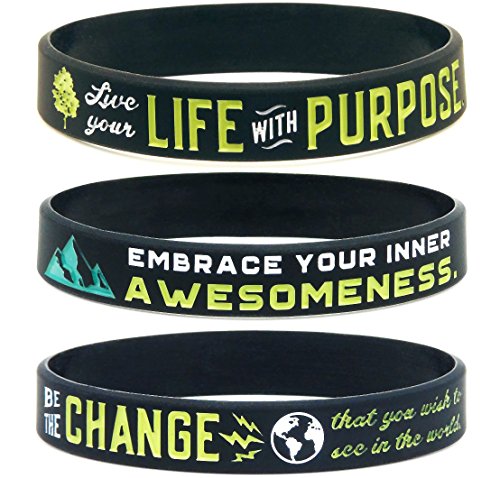 Inkstone (6-pack) Positive Awareness Wristbands - Be the Change, Embrace Your Awesomeness, & Live with Purpose